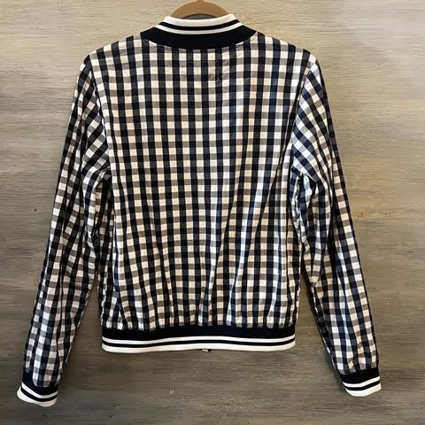 Merona White Navy Blue Check Bomber Jacket 70% Cotton Size Medium Like New