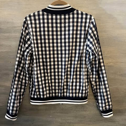 Merona White Navy Blue Check Bomber Jacket 70% Cotton Size Medium Like New