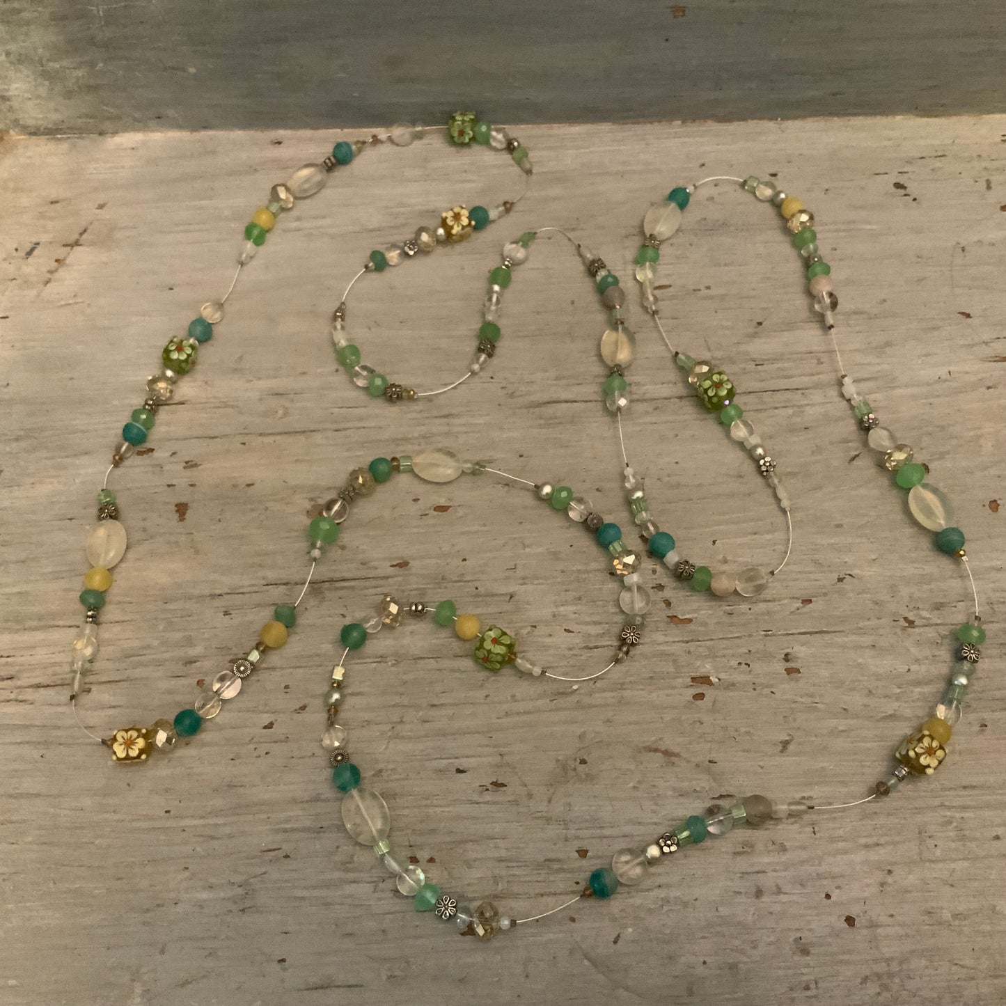 Elegant Hand Beaded Mint Yellow Clear Flower Long Wrap Necklace 36” Long New
