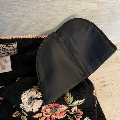 Vintage Heirloom Collectibles Black Floral Embroidered Cardigan Sweater Size Small Good Condition