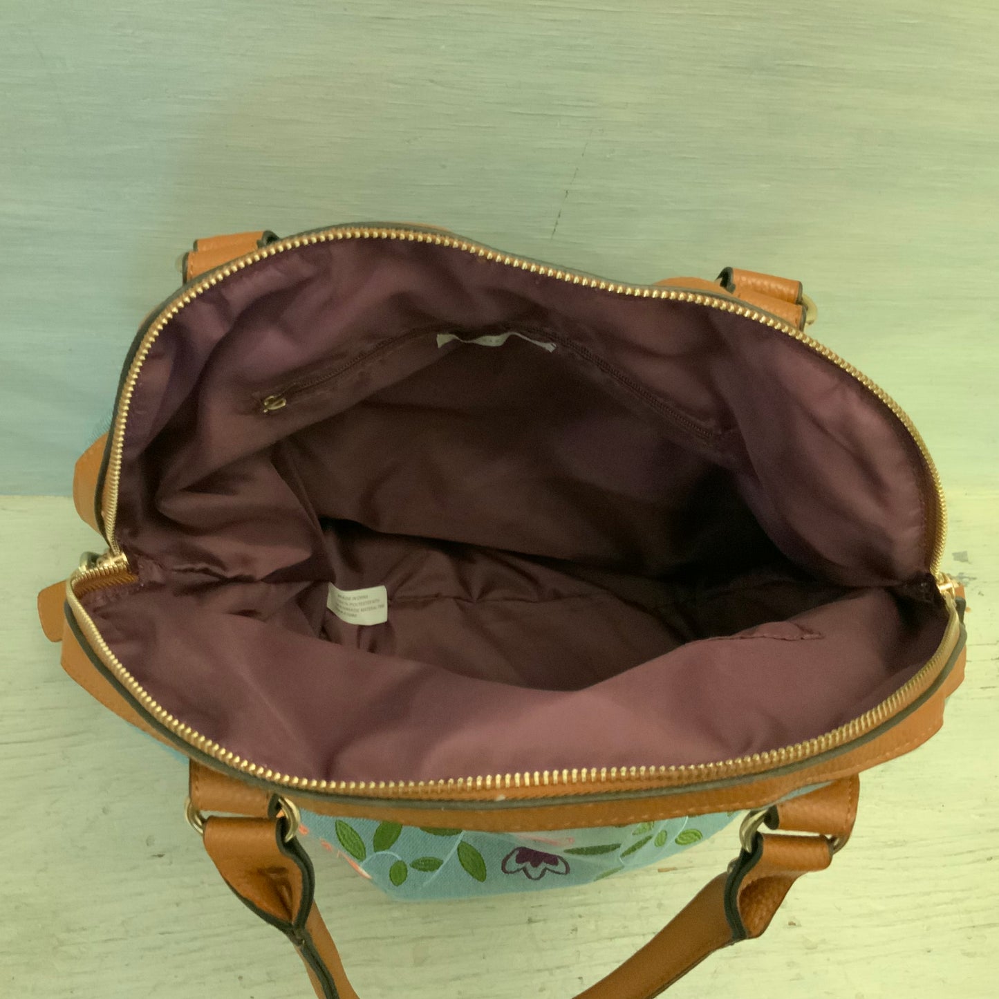 Cato Embroidered Flower Print Denim Brown Faux Leather Handbag Purse Like New