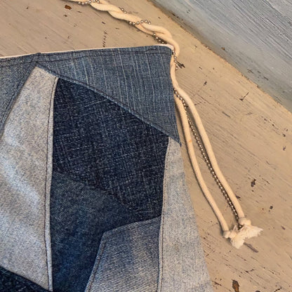 Denim Patchwork Crossbody Purse Braided Strap Zipper Closure Good Condition