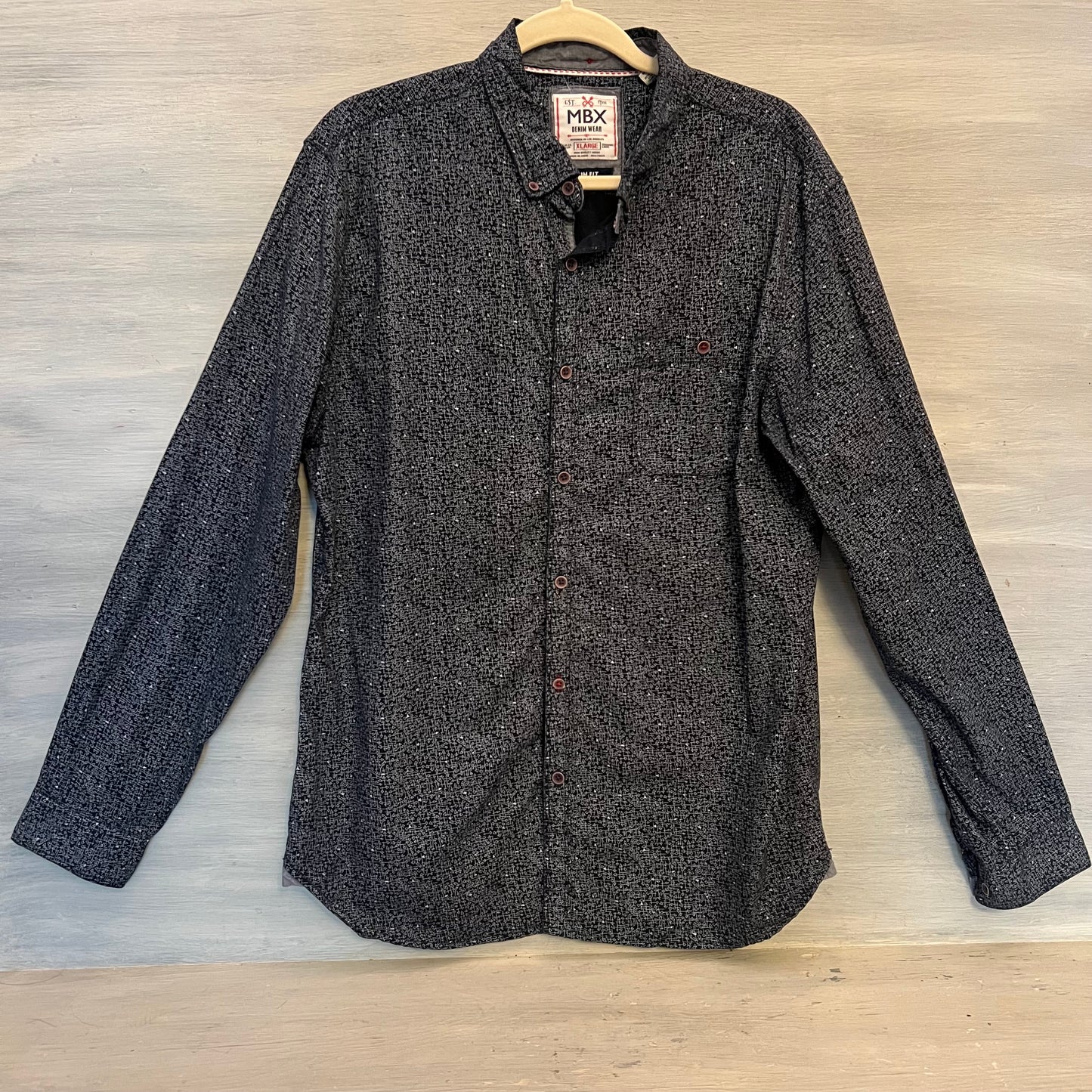 MBX Denim Wear Slim Fit Navy Blue Abstract Print Button Down Shirt XL Good Condition