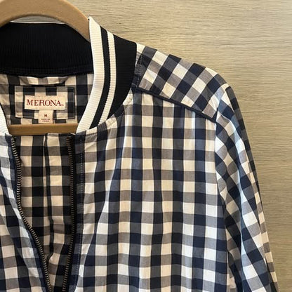 Merona White Navy Blue Check Bomber Jacket 70% Cotton Size Medium Like New