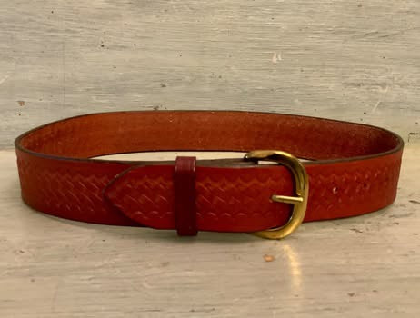 Longhorn Embossed Weave Pattern Brown Leather Belt w/ Gold Buckle Like New