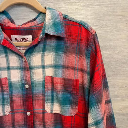 Mossimo Teal Red Plaid 60% Cotton Flannel Button Down Shirt Large Good Condition