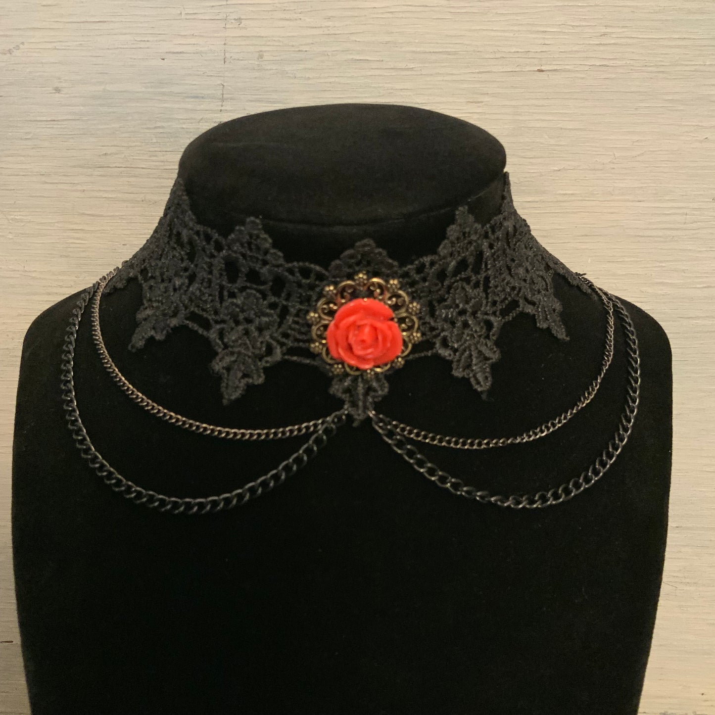 Gothic Victorian Style Black Faux Lace Choker Necklace 13-17" Good Condition