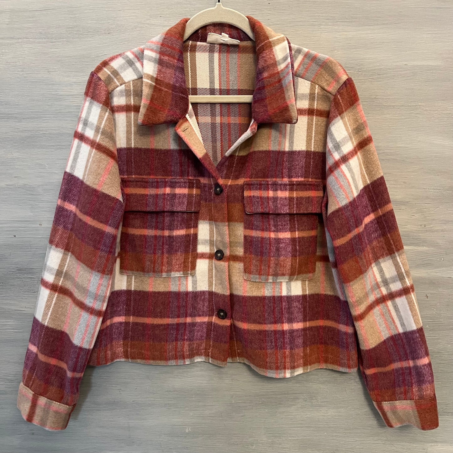 Melloday Purple Burgundy Gray Pink Cropped Flannel Shirt Size Medium Good Condition