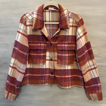 Melloday Purple Burgundy Gray Pink Cropped Flannel Shirt Size Medium Good Condition