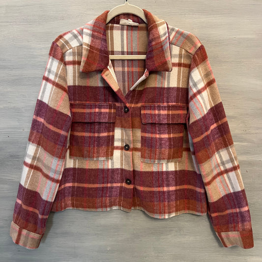 Melloday Purple Burgundy Gray Pink Cropped Flannel Shirt Size Medium Good Condition