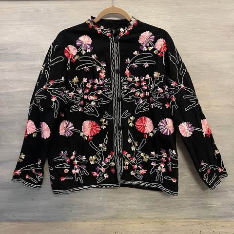 Vintage Take Two Clothing Co. Black Embroidered Flower Button Down Jacket Size Large Good Condition