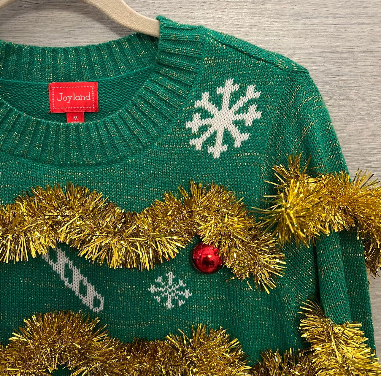 Joyland Green Gold Garland Red Bulb Holiday Christmas Crewneck Sweater Medium Like New