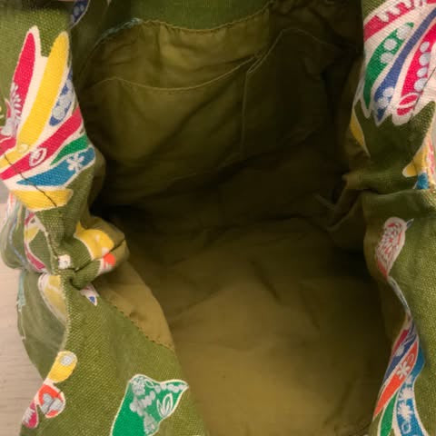 Boho Colorful Bird Flower Skull Print Olive Canvas Hobo Shoulder Bag Purse Good Condition