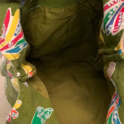 Boho Colorful Bird Flower Skull Print Olive Canvas Hobo Shoulder Bag Purse Good Condition