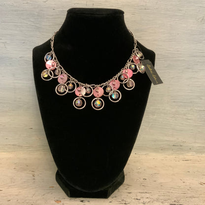 Cookie Lee Pink Shell Iridescent Tiered Dangling Statement Necklace 15-18" Good Condition