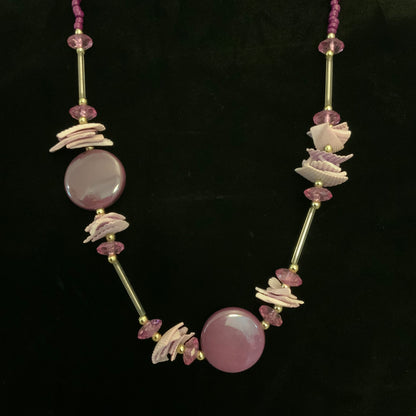 Purple Bohemian Beachy Beaded Shell Mixed Material Statement Necklace 13" Good Condition