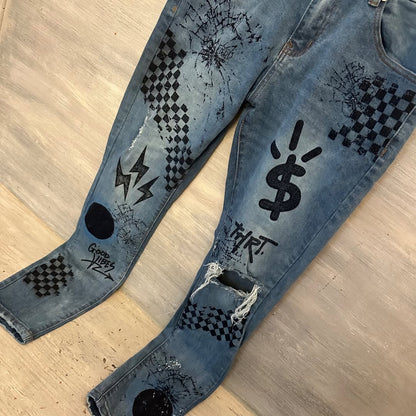 THRT 98% Cotton Jeans Graphic Design Ripped Knee Good Condition