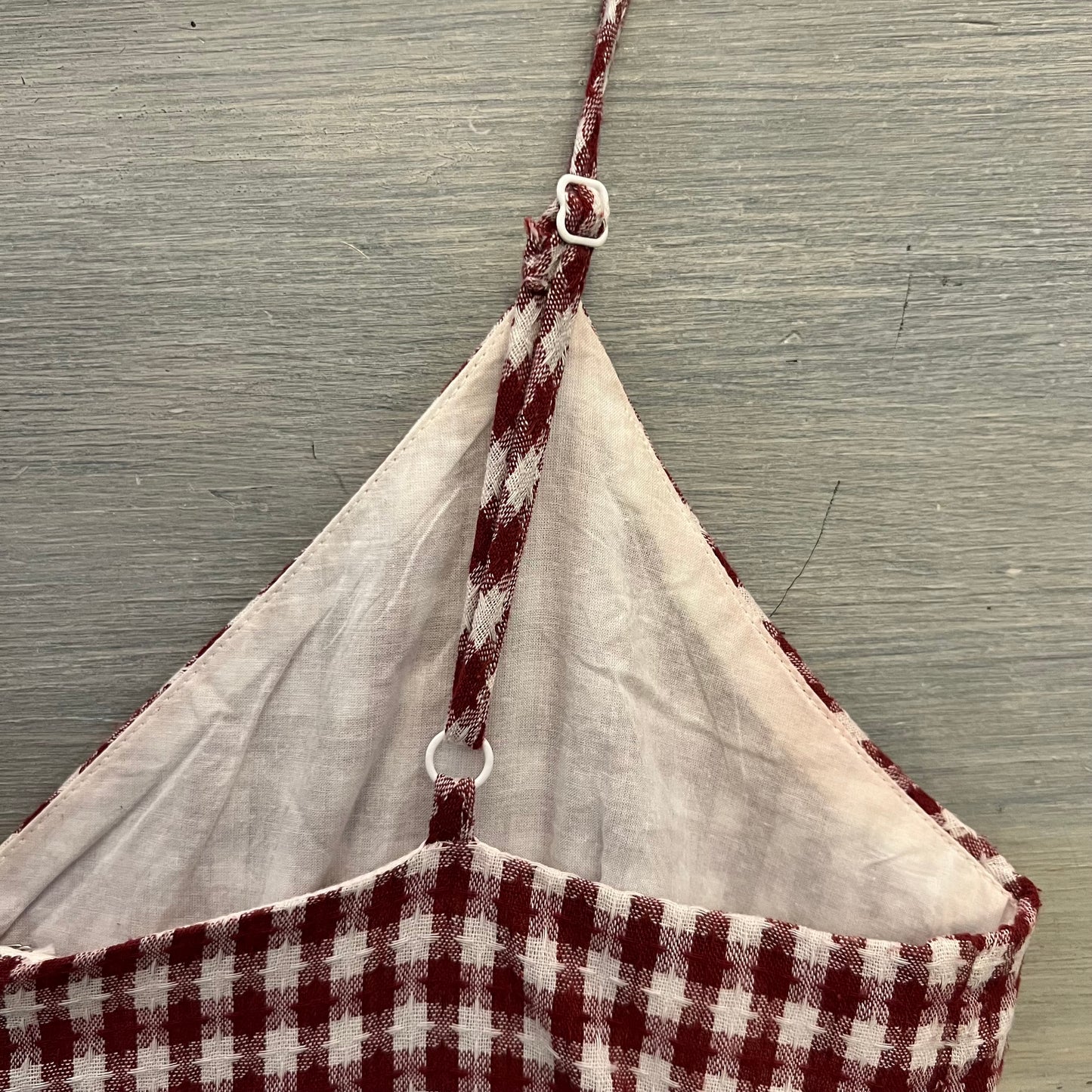 Super Down 100% Cotton Burgundy White Check Faux Wrap Romper Medium Like New