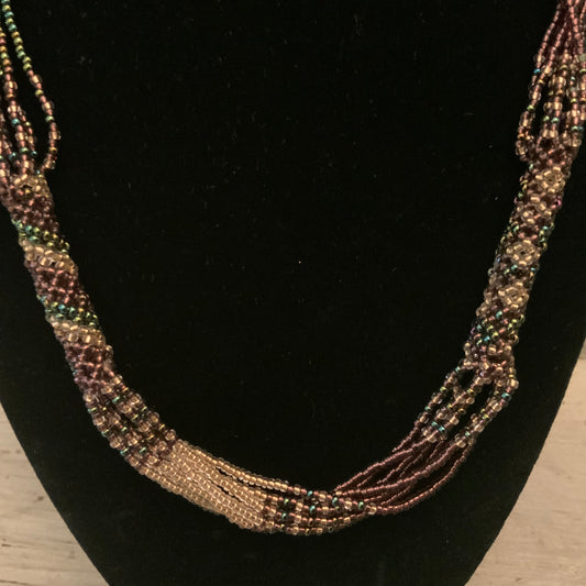Unique Hand Beaded Purple Gold Green Mini Beaded Necklace 20”-21” New
