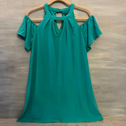 As U Wish Light Teal High Collar Off Shoulder Flutter Sleeve Mini Dress Size Medium Good Condition