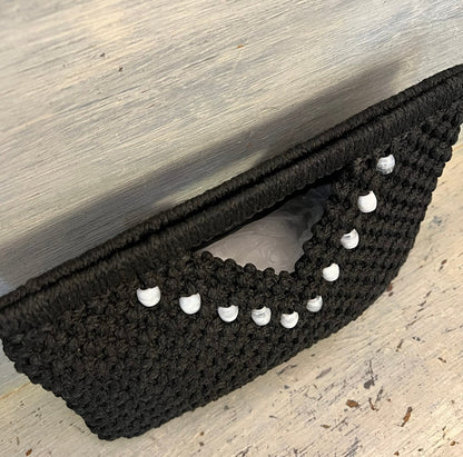 Vintage Handmade Black Beaded Macrame Clutch Handbag Purse Good Condition