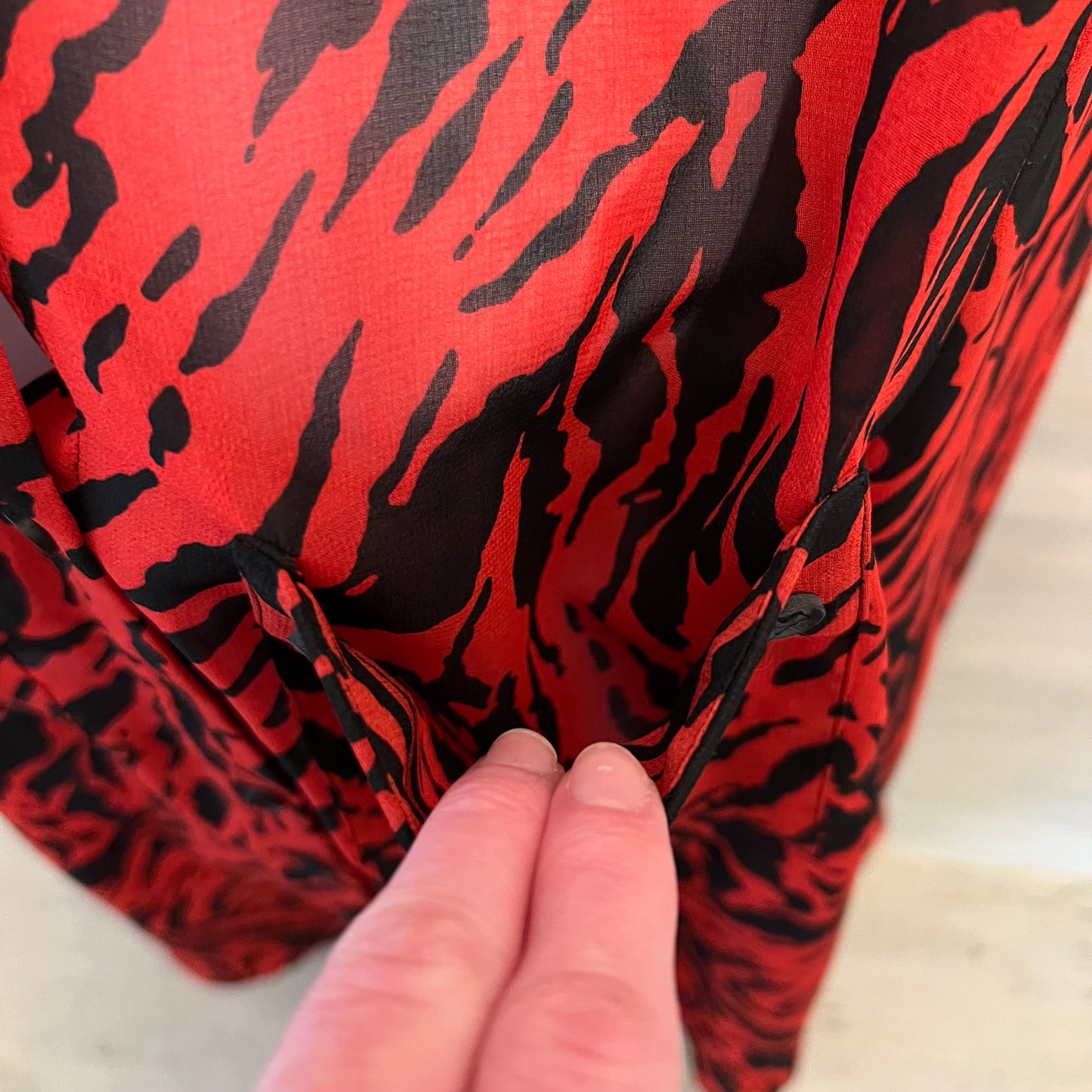 Mint Velvet Red Black Zebra Print Sheer Button Down Blouse Size 16 Like New