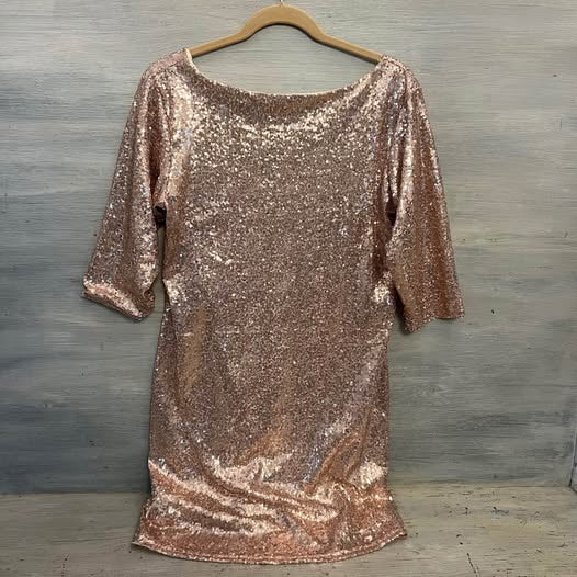 Regena X Pink Champagne Sequin 3/4 Sleeve V Back Mini Dress XL Good Condition