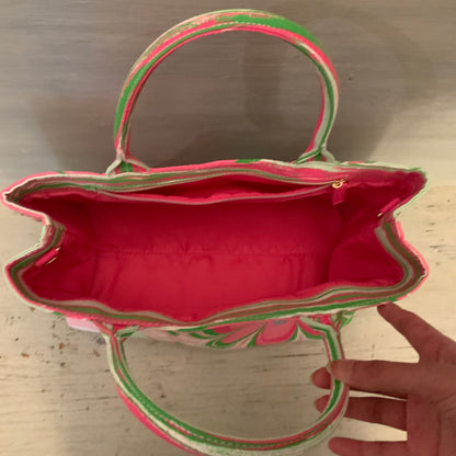 Estée Lauder Hot Pink Green Funky Flower Print Canvas Handbag Purse Like New