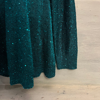 Emaline Emerald Green Sheer Sequined Crew Neck Sweater Size Large Good Condition