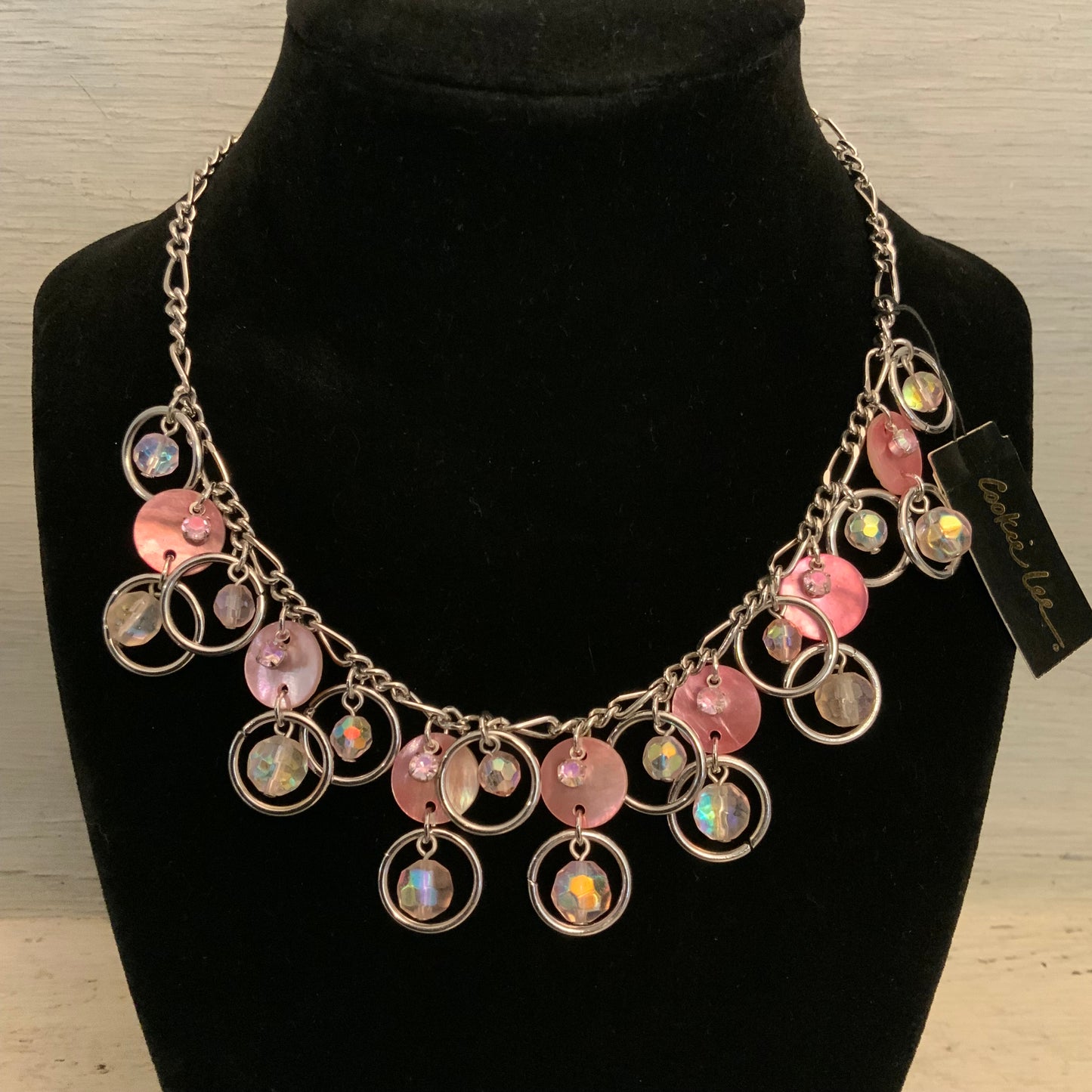 Cookie Lee Pink Shell Iridescent Tiered Dangling Statement Necklace 15-18" Good Condition