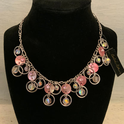 Cookie Lee Pink Shell Iridescent Tiered Dangling Statement Necklace 15-18" Good Condition