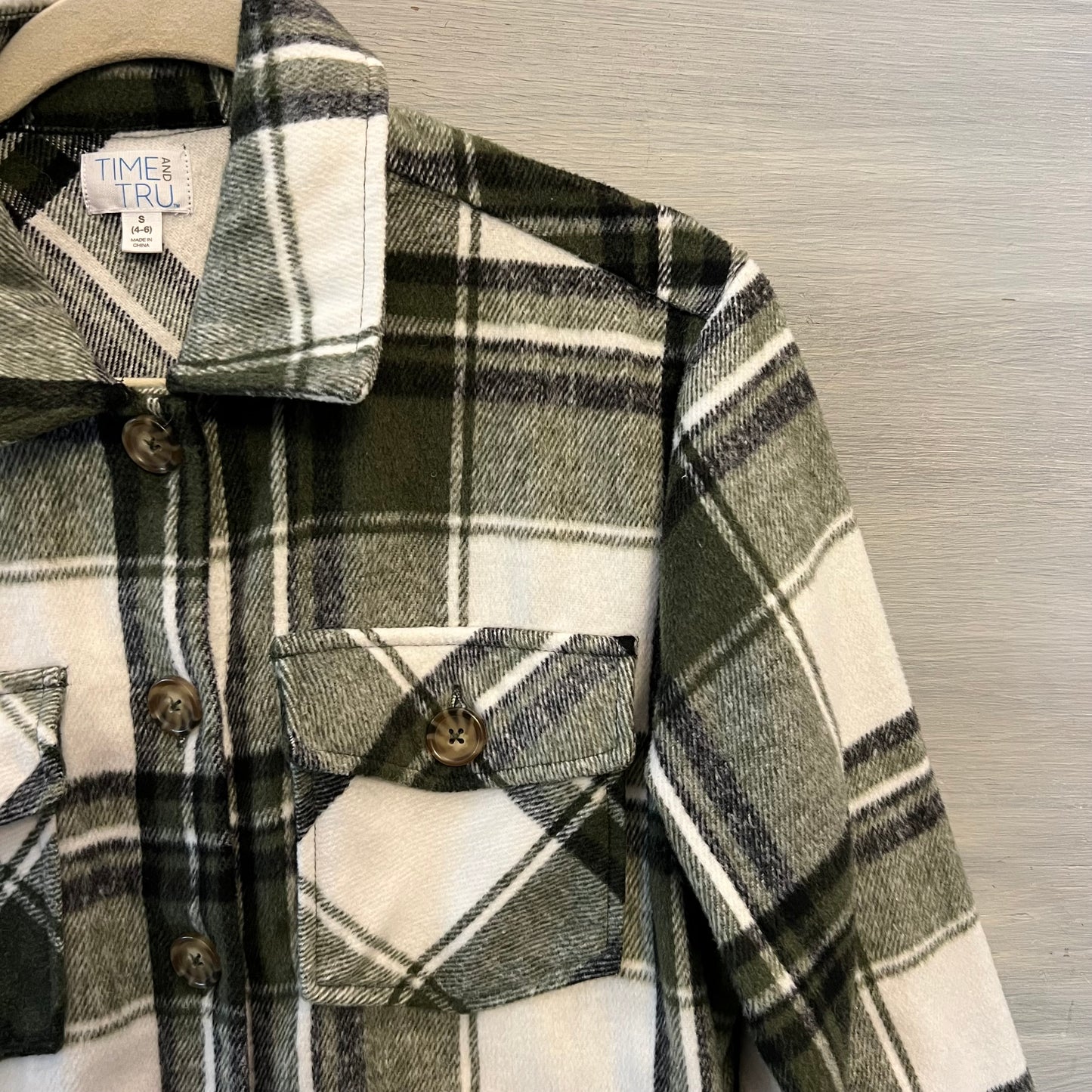 Time&Tru Olive Green Black Cream Plaid Flannel Button Down Shirt Shacket Small Good Condition
