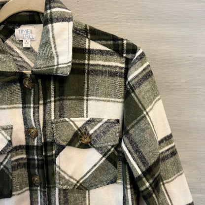 Time&Tru Olive Green Black Cream Plaid Flannel Button Down Shirt Shacket Small Good Condition