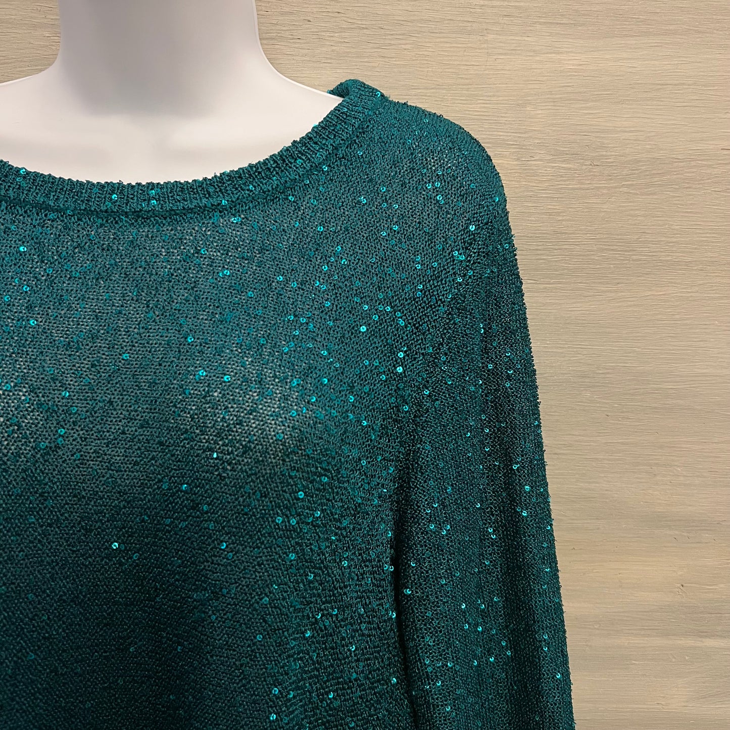 Emaline Emerald Green Sheer Sequined Crew Neck Sweater Size Large Good Condition
