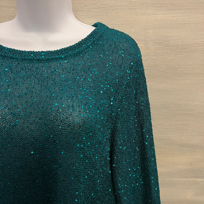 Emaline Emerald Green Sheer Sequined Crew Neck Sweater Size Large Good Condition