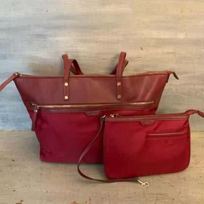 Tutilo New York Burgundy Faux Leather Nylon Briefcase Laptop Bag Tote w/Wristlet Like New