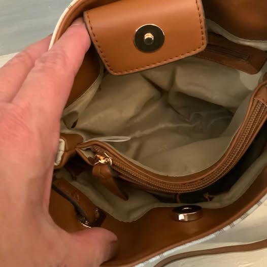 Jones New York White Brown Faux Leather Crossbody Shoulder Bag 8.5x8.5x3 Like New