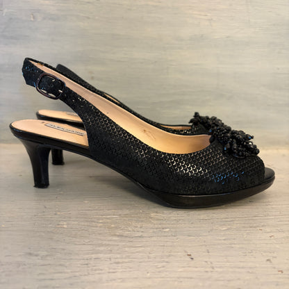 Alex Marie Black Leather Beaded Open Toe Slingback Kitten Heels Size 7 Good Condition
