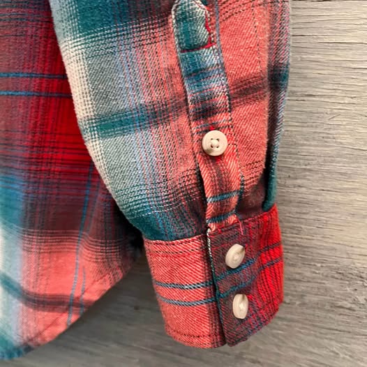 Mossimo Teal Red Plaid 60% Cotton Flannel Button Down Shirt Large Good Condition