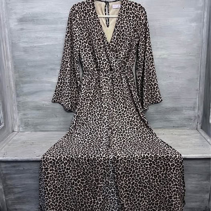 Pink Lily Leopard Print Flare Sleeve Maxi Dress Small Like New