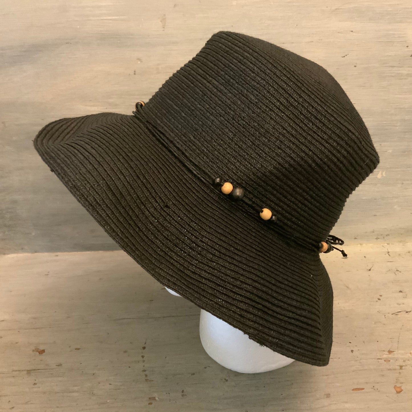 Vintage Liz Claiborne Black Wood Bead Band Sun Hat OS Good Condition