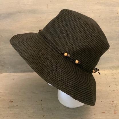 Vintage Liz Claiborne Black Wood Bead Band Sun Hat OS Good Condition