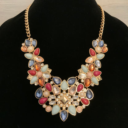 Colorful Faux Gemstone/Rhinestone Collar Bib Statement Necklace 18-20.5" Good Condition