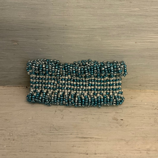 Handmade Blue White Iridescent Mini Beaded Cuff Bracelet 7" Good Condition
