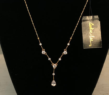 Cookie Lee Teardrop Rhinestone Delicate Faux Gold Chain Rhinestone Necklace New