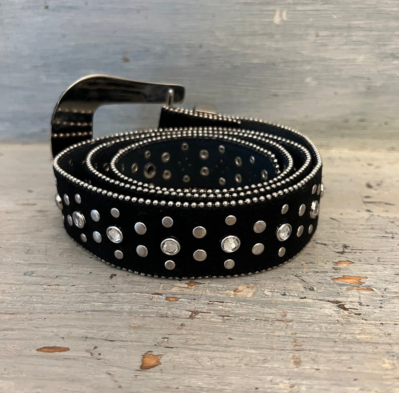 Studded Rhinestone Black Suede Leather Belt XL New