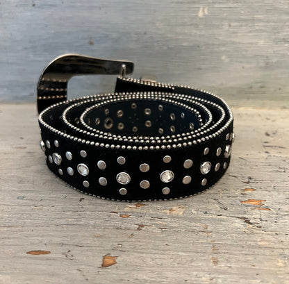 Studded Rhinestone Black Suede Leather Belt XL New