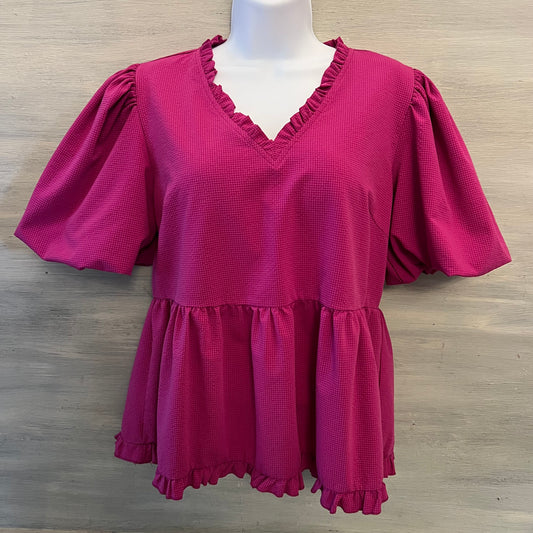 Jodifl Fuchsia Ruffle Vneck Babydoll Peplum Blouse Size Medium Good Condition
