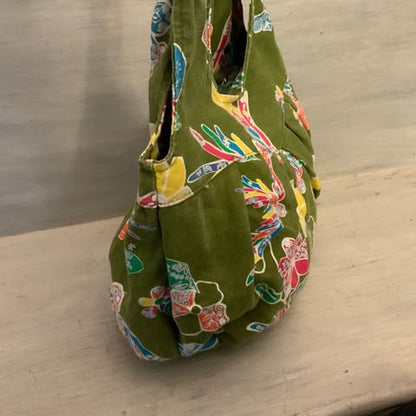 Boho Colorful Bird Flower Skull Print Olive Canvas Hobo Shoulder Bag Purse Good Condition
