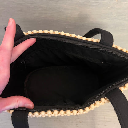 Vintage Beaded Black Cream Stripe Shoulder Bag Purse Good Condition